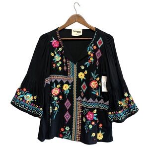 Savanna Jane Womens Boho Top Size S Embroidered Floral Bell Sleeve Black Blouse‎